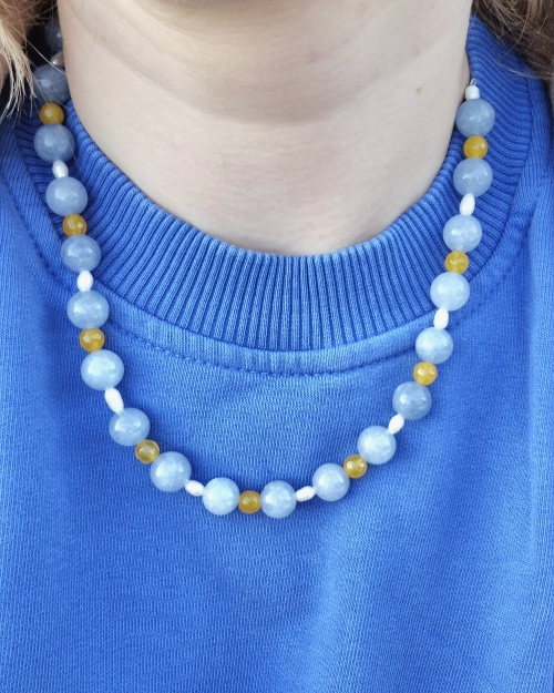 Happy colors BLUE - naszyjnik z dużymi kamieniami | jadeit i perła